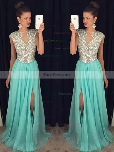 A-line Scoop Neck Chiffon Sweep Train Split Front Prom Dresses #Favs020102447