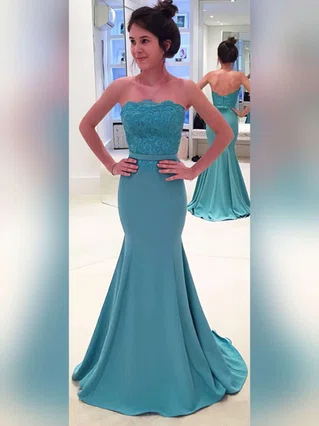 Trumpet/Mermaid Strapless Satin Sweep Train Appliques Lace Prom Dresses #Favs020102860 Trumpet/Mermaid Strapless Satin Sweep Train Appliques Lace Prom Dresses #Favs020102860