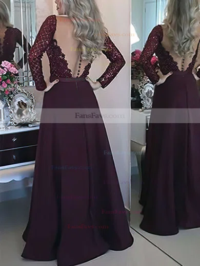 A-line Scoop Neck Satin Floor-length Appliques Lace Prom Dresses #Favs020103603