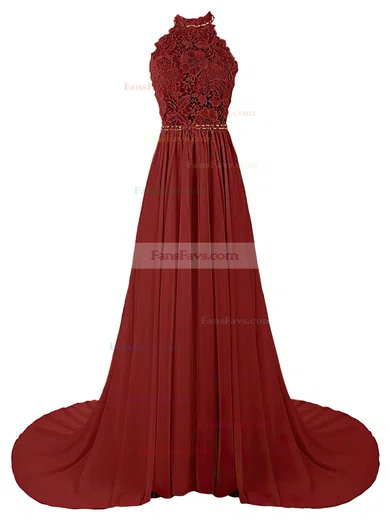 A-line Halter Lace Chiffon Sweep Train Beading Prom Dresses #Favs020103615
