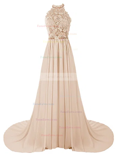 A-line Halter Lace Chiffon Sweep Train Beading Prom Dresses #Favs020103615