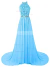 A-line Halter Lace Chiffon Sweep Train Beading Prom Dresses #Favs020103615