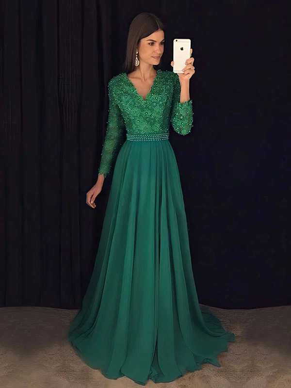 A-line V-neck Chiffon Sweep Train Appliques Lace Prom Dresses #Favs020103677