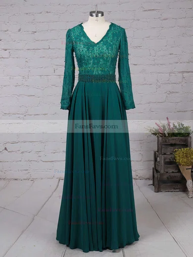 A-line V-neck Chiffon Sweep Train Appliques Lace Prom Dresses #Favs020103677