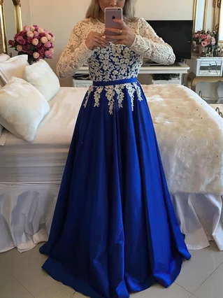A-line Scoop Neck Lace Satin Floor-length Appliques Lace Prom Dresses #Favs020103719