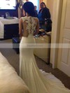 Trumpet/Mermaid Scoop Neck Chiffon Sweep Train Appliques Lace Prom Dresses #Favs020103724