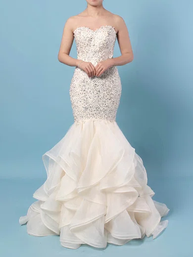 Trumpet/Mermaid Sweetheart Organza Sweep Train Beading Prom Dresses #Favs020104547