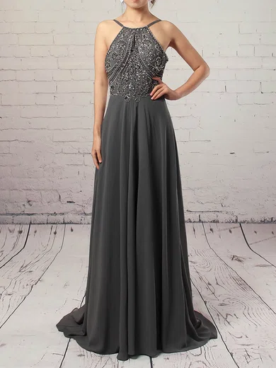 A-line Scoop Neck Chiffon Sweep Train Beading Prom Dresses #Favs020104558
