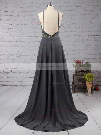 A-line Scoop Neck Chiffon Sweep Train Beading Prom Dresses #Favs020104558