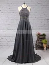 A-line Scoop Neck Chiffon Sweep Train Beading Prom Dresses #Favs020104558