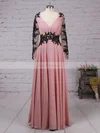 A-line V-neck Floor-length Chiffon Prom Dresses with Appliques Lace Ruffle #Favs02016853