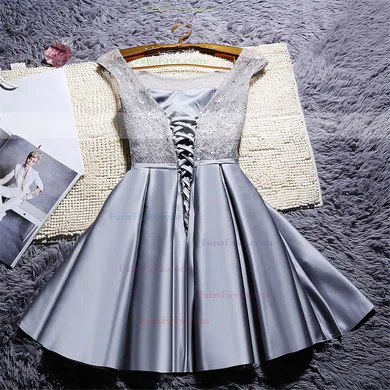 A-line Scoop Neck Satin Lace Short/Mini Sashes / Ribbons Lace-up Sweet Prom Dresses #Favs020103476