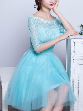 Pretty A-line Scoop Neck Lace Tulle Short/Mini Beading 1/2 Sleeve Prom Dresses #Favs020102871 Pretty A-line Scoop Neck Lace Tulle Short/Mini Beading 1/2 Sleeve Prom Dresses #Favs020102871