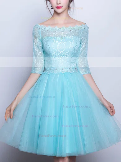 Pretty A-line Scoop Neck Lace Tulle Short/Mini Beading 1/2 Sleeve Prom Dresses #Favs020102871