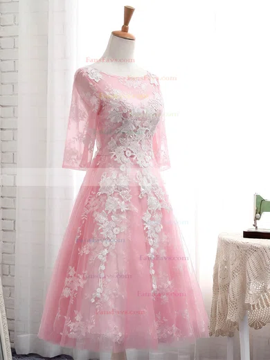 Pretty A-line Scoop Neck Tulle Tea-length Appliques Lace 3/4 Sleeve Prom Dresses #Favs020103006