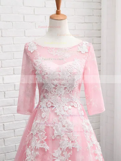 Pretty A-line Scoop Neck Tulle Tea-length Appliques Lace 3/4 Sleeve Prom Dresses #Favs020103006