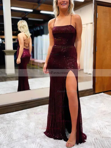 Sheath/Column Square Neckline Sequined Floor-length Prom Dresses With Split Front #Favs020111810