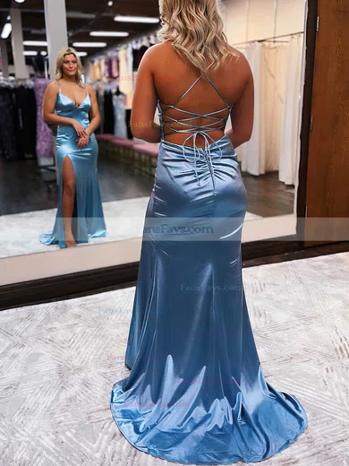 Trumpet/Mermaid V-neck Silk-like Satin Sweep Train Prom Dresses With Split Front #Favs020111814