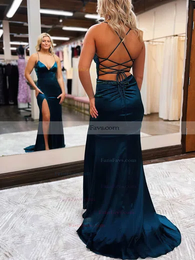 Trumpet/Mermaid V-neck Silk-like Satin Sweep Train Prom Dresses With Split Front #Favs020111814