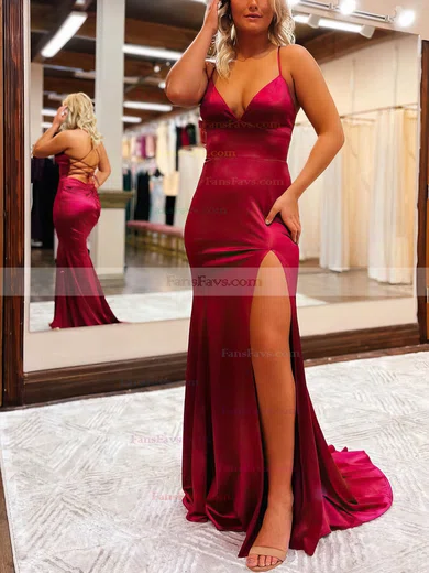 Trumpet/Mermaid V-neck Silk-like Satin Sweep Train Prom Dresses With Split Front #Favs020111814