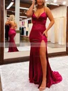Trumpet/Mermaid V-neck Silk-like Satin Sweep Train Prom Dresses With Split Front #Favs020111814