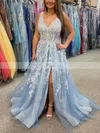 A-line V-neck Tulle Glitter Sweep Train Prom Dresses With Split Front #Favs020111841