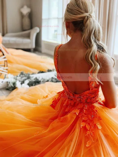 Princess V-neck Lace Tulle Sweep Train Prom Dresses With Appliques Lace #Favs020111863