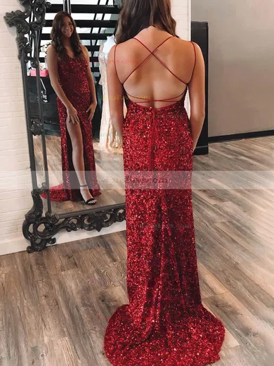 Trumpet/Mermaid Scoop Neck Sequined Sweep Train Prom Dresses With Split Front #Favs020111881