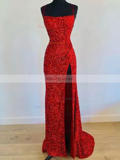 Trumpet/Mermaid Scoop Neck Sequined Sweep Train Prom Dresses With Split Front #Favs020111881