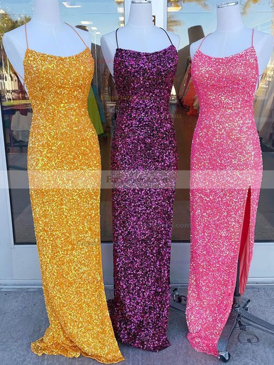 Sheath/Column Scoop Neck Sequined Sweep Train Prom Dresses With Split Front #Favs020111885