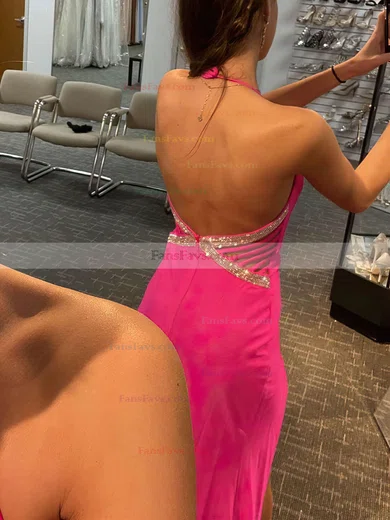 Sheath/Column Halter Stretch Crepe Sweep Train Prom Dresses With Split Front #Favs020111890