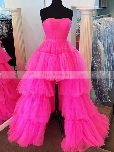 A-line Strapless Tulle Asymmetrical Prom Dresses With Tiered #Favs020111893