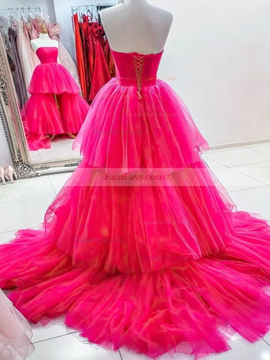 A-line Strapless Tulle Asymmetrical Prom Dresses With Tiered #Favs020111893