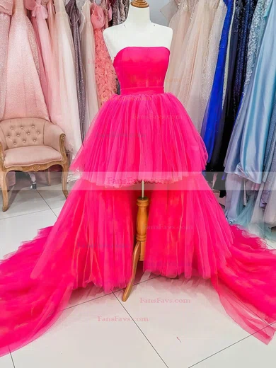 A-line Strapless Tulle Asymmetrical Prom Dresses With Tiered #Favs020111893