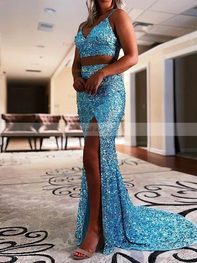 Trumpet/Mermaid V-neck Sequined Sweep Train Prom Dresses With Split Front #Favs020111896