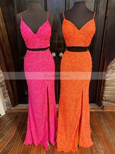Trumpet/Mermaid V-neck Sequined Sweep Train Prom Dresses With Split Front #Favs020111896