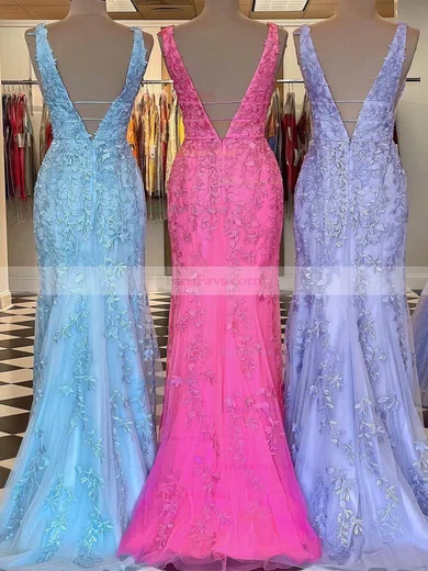 Trumpet/Mermaid V-neck Tulle Lace Sweep Train Prom Dresses With Appliques Lace #Favs020111901