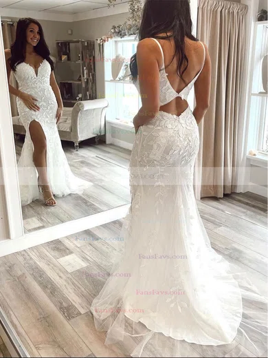 Trumpet/Mermaid V-neck Lace Tulle Sweep Train Prom Dresses With Split Front #Favs020111904