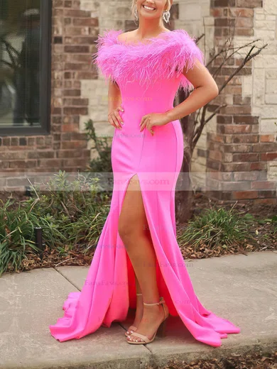 Trumpet/Mermaid Off-the-shoulder Stretch Crepe Sweep Train Prom Dresses With Feathers / Fur #Favs020111934