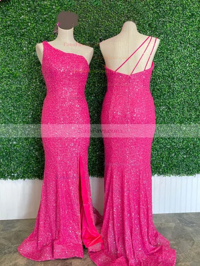 Sheath/Column One Shoulder Sequined Sweep Train Prom Dresses With Split Front #Favs020111945