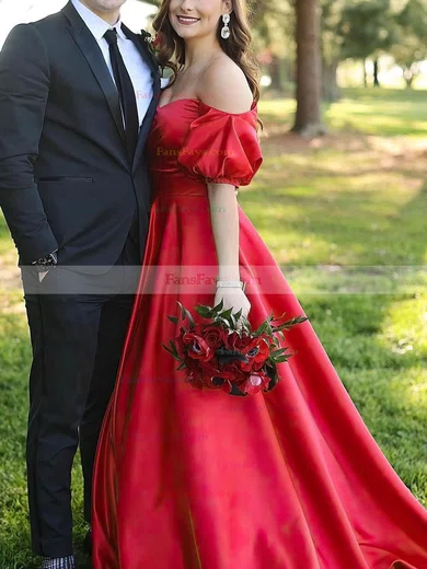 A-line Off-the-shoulder Satin Sweep Train Prom Dresses #Favs020111973