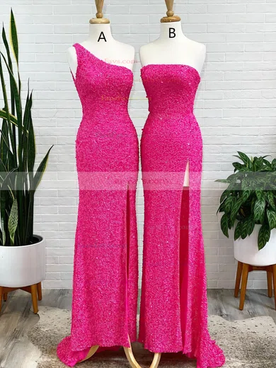 Sheath/Column One Shoulder Sequined Sweep Train Prom Dresses With Split Front #Favs020111987