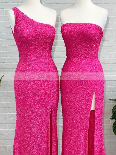 Sheath/Column One Shoulder Sequined Sweep Train Prom Dresses With Split Front #Favs020111987