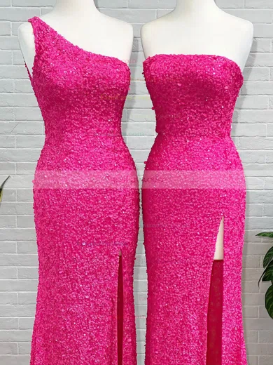 Sheath/Column One Shoulder Sequined Sweep Train Prom Dresses With Split Front #Favs020111987