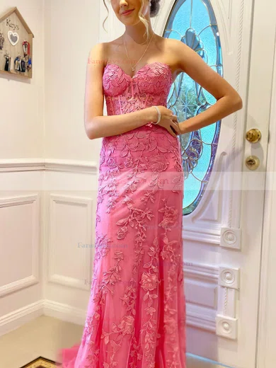 Trumpet/Mermaid Sweetheart Lace Tulle Sweep Train Prom Dresses With Appliques Lace #Favs020111995