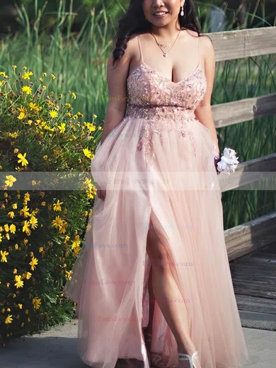 A-line V-neck Tulle Floor-length Prom Dresses With Split Front #Favs020112034