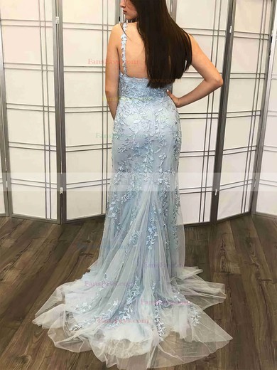 Trumpet/Mermaid V-neck Tulle Sweep Train Prom Dresses With Split Front #Favs020112111