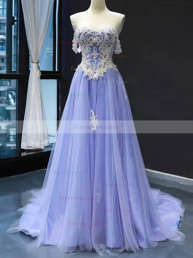Princess Off-the-shoulder Tulle Sweep Train Prom Dresses With Appliques Lace #Favs020112131