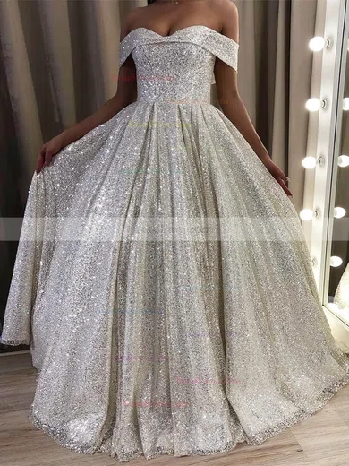 A-line Off-the-shoulder Glitter Sweep Train Prom Dresses #Favs020112164