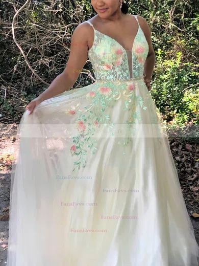 A-line V-neck Tulle Floor-length Prom Dresses With Beading #Favs020112182